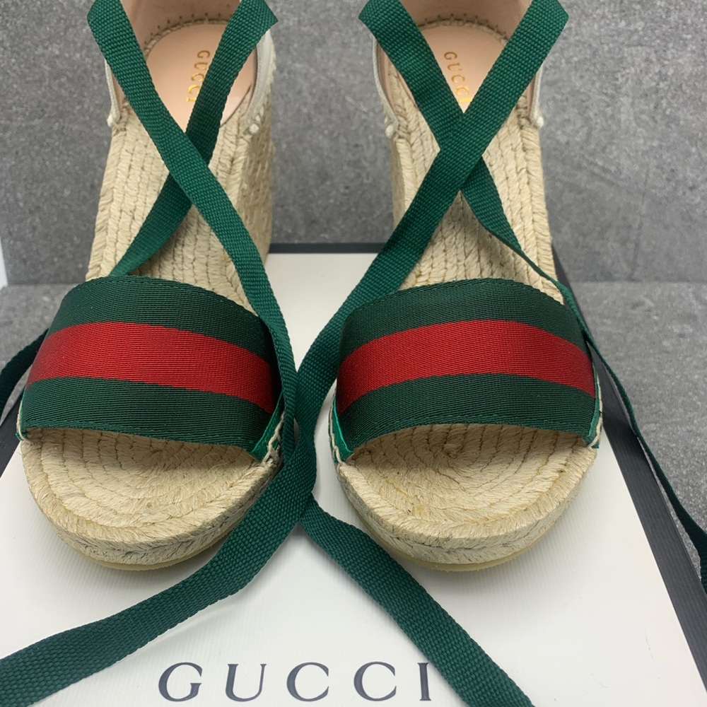 Gucci Lilibeth Web Stripe Espadrille Wedge Sandal